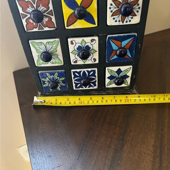 Wooden Tea Trinket Seasoning Cabinet 9 Hand Painted Ceramic Drawers Apothecary - Picture 8 of 9
